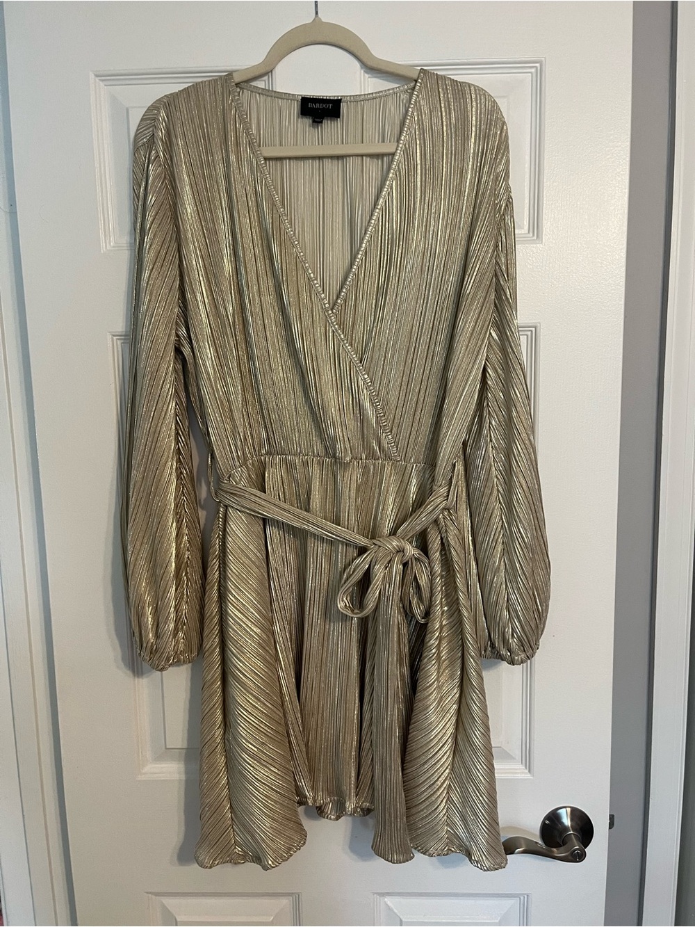 Bardot Metallic Gold Long Sleeve Plissé Wrap Dress